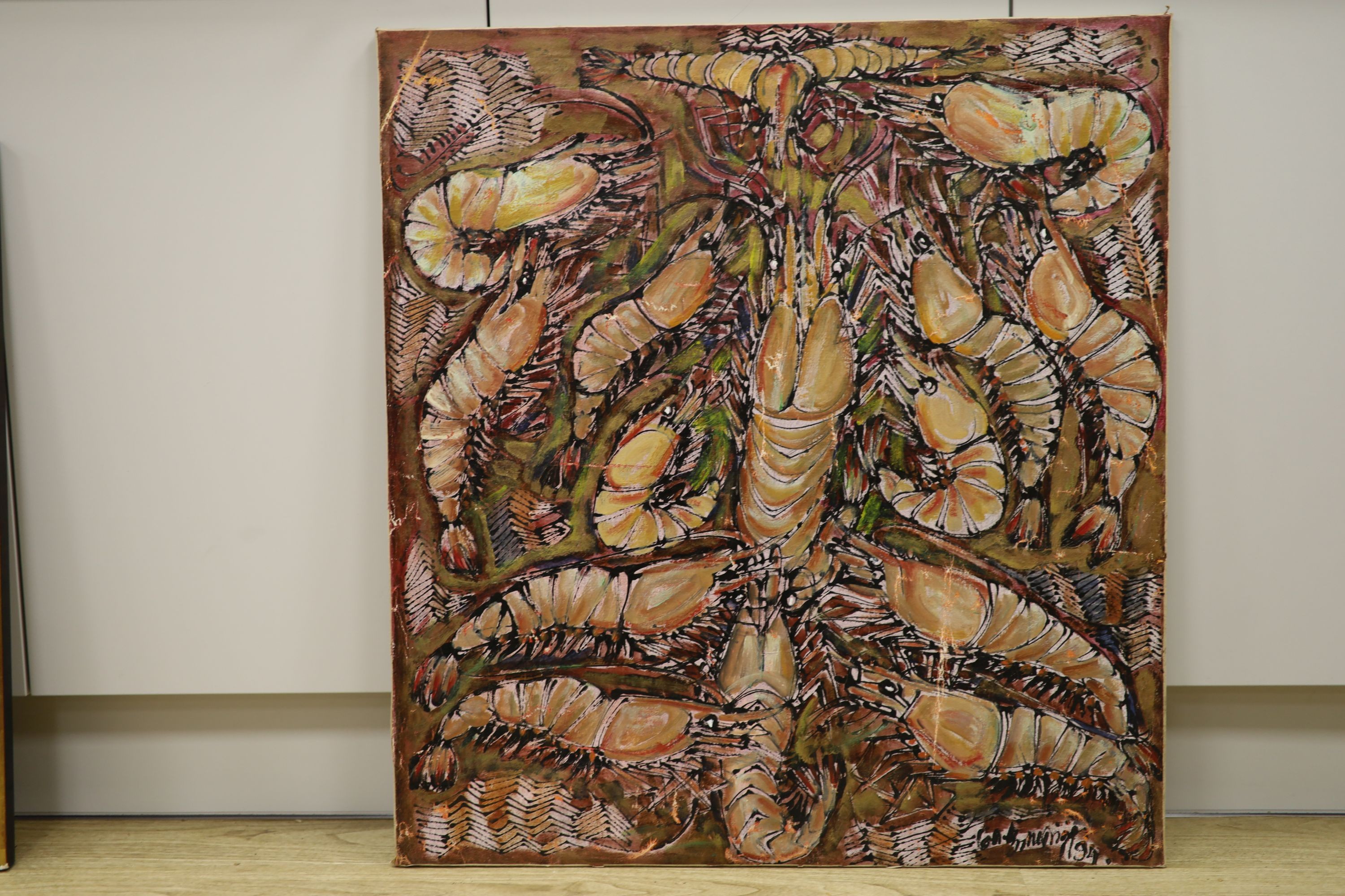 A modern oil on canvas, Prawns, indistinctly signed, 82 x 75cm. unframed.